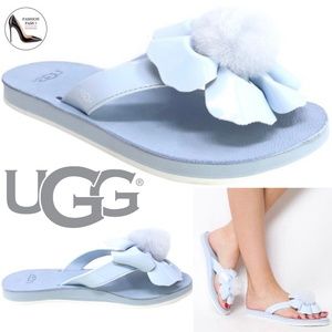 UGG Zinnia Poppy Shearling Pompom Patent Sky Blue Leather Flat Flip Flops Sandal